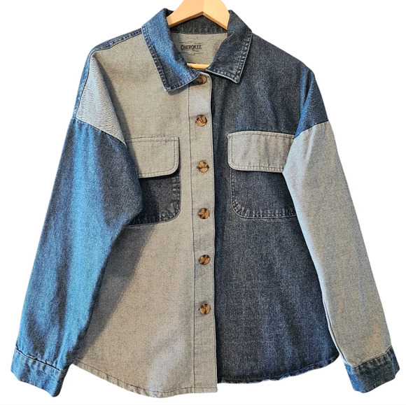 Cherokee Tops - Cherokee Vintage Contrasting Color Block Denim Patchwork Jean Shacket Size XL.